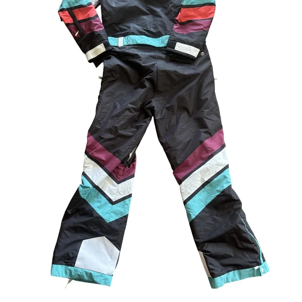Tipsy Elves Ski Suit Mens Medium Black Striped One Piece Hooded Belted Snowsuit